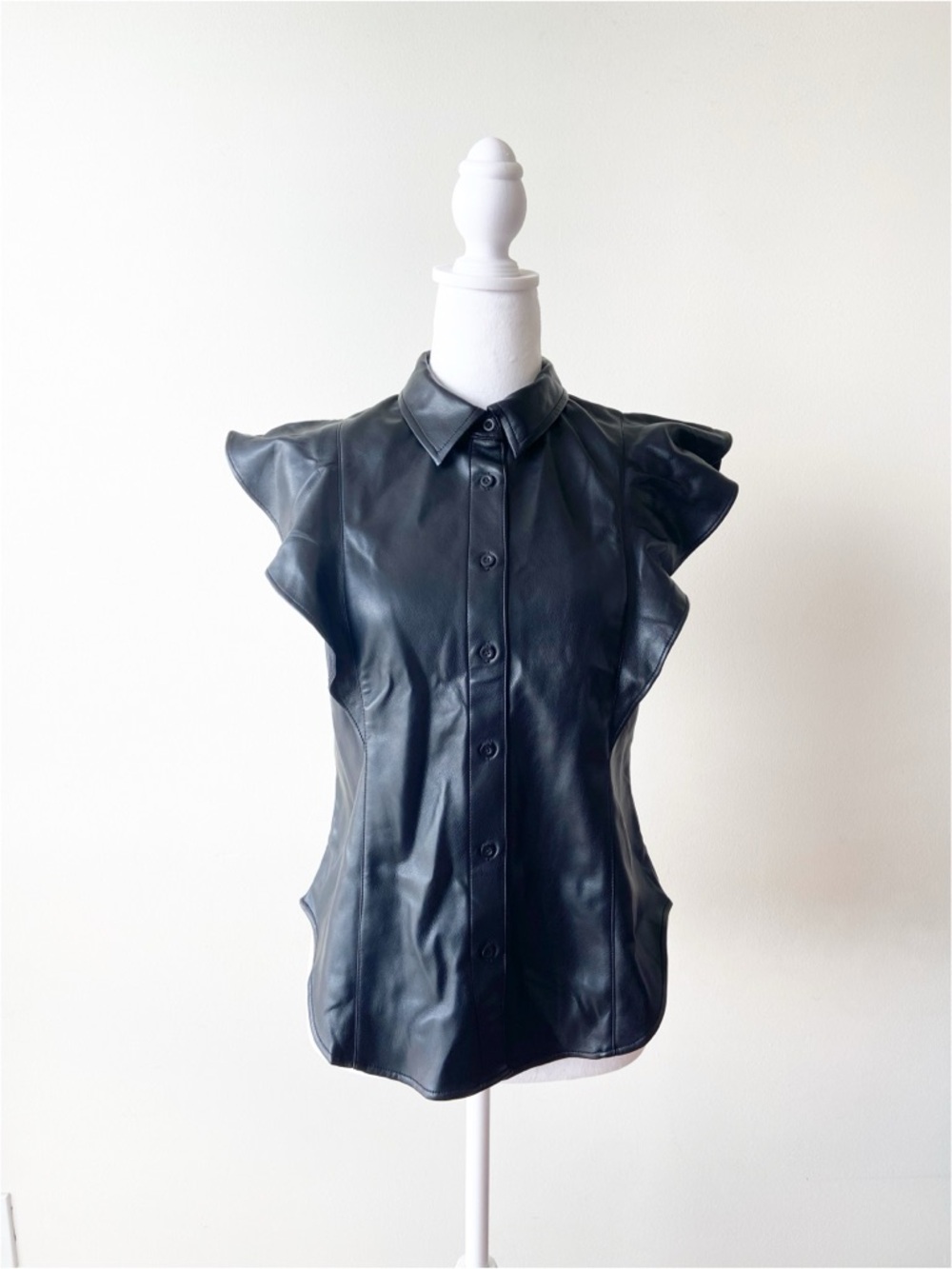 GAP Black Faux Leather Ruffle Sleeve Button-Up Blouse Size S